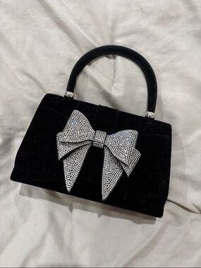 House of Harlow 1960 Black Velvet Mini Top-Handle Bag with Crystal Bow